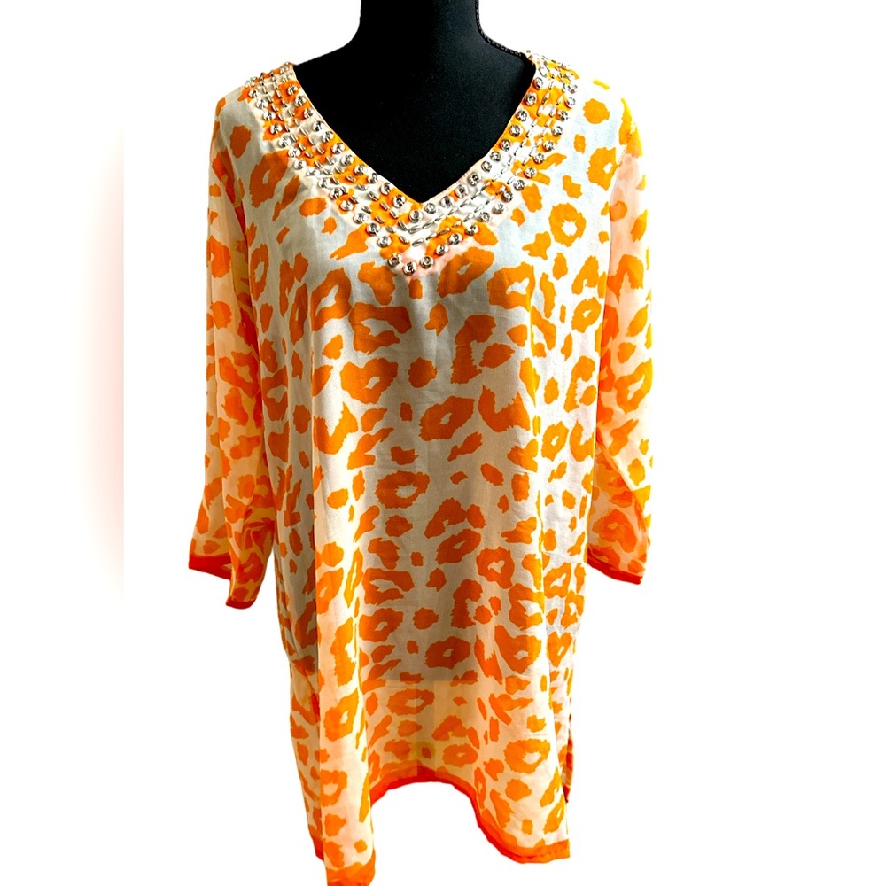 Aqua Blue Ladies Orange and White Beaded Beach Cover Up Size Large